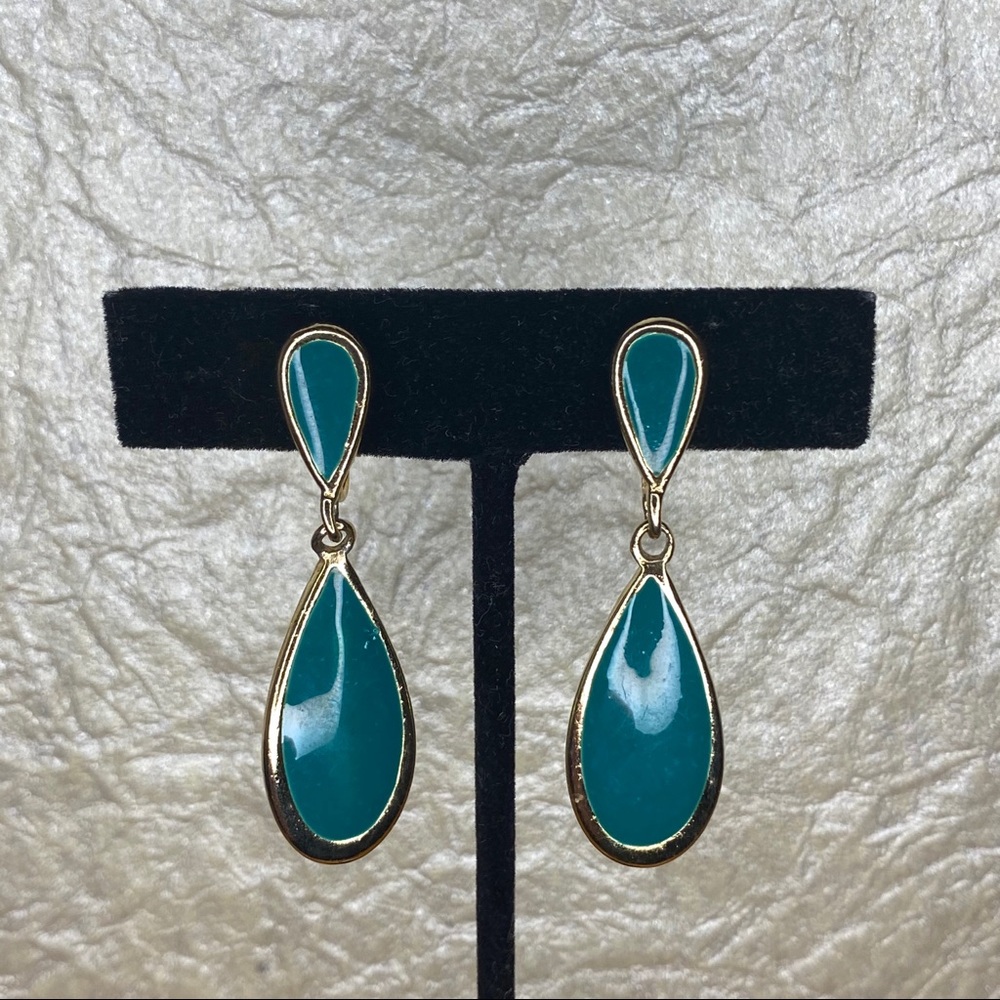 Vintage Teal Enamel Dangle Clip On Earrings